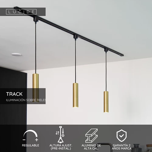 Lucide TRACK FLORIS Lámpara colgante - Sistema de carril monofásico / Iluminación con rieles - 1xGU10 - Oro mate / Latón (Extensión) - USP
